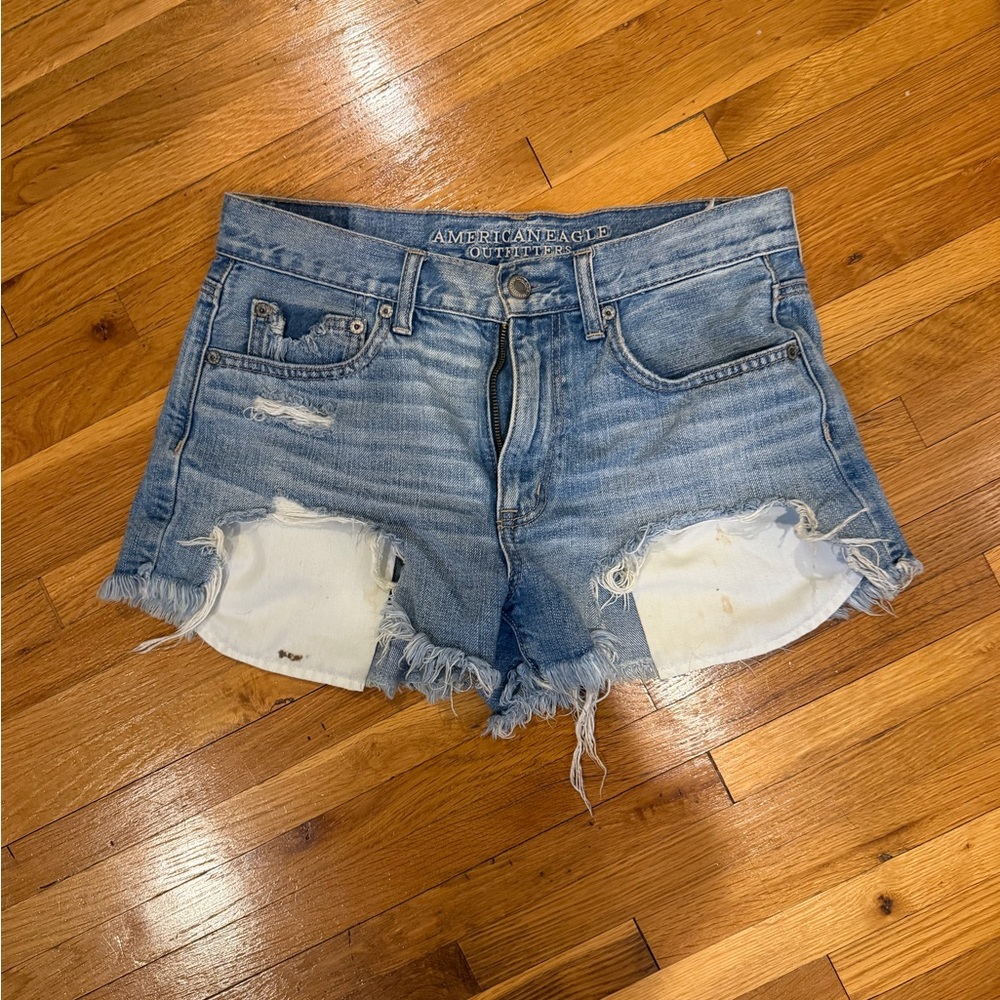 American Eagle Outfitters Women's Frayed Jean Shorts - Blue and White